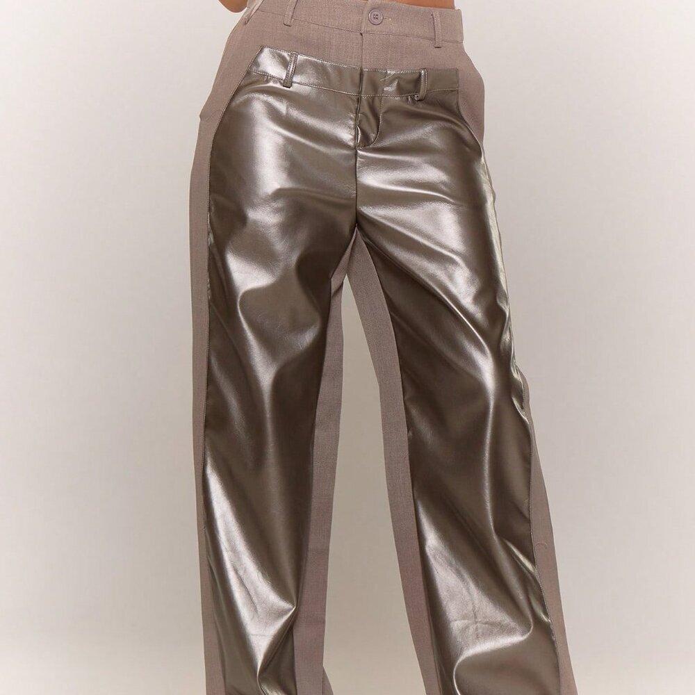 Grey Casual Women's Faux Leather Panel Trousers - Picture 3 of 5